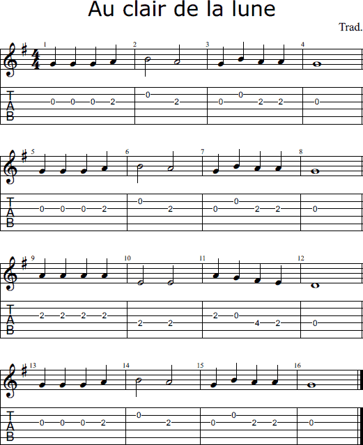 Au clair de la lune notes and tabs