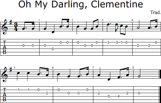 Oh My Darling Clementine For Guitar Chords Tablature And Standard Notation