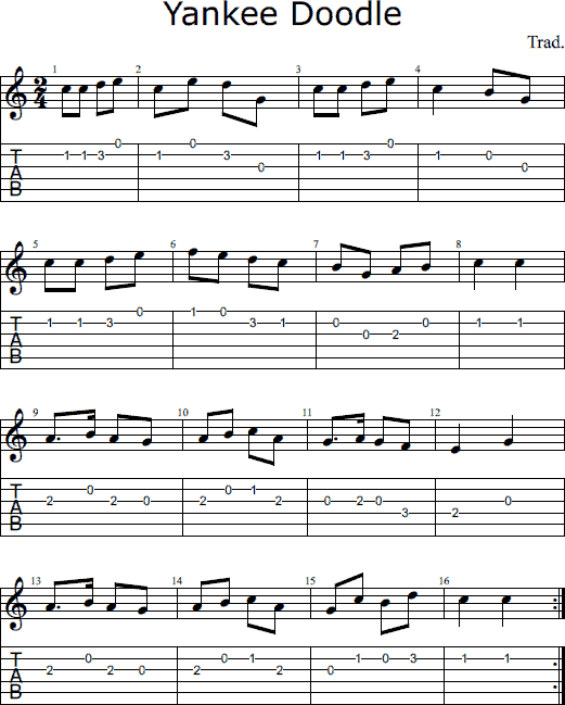 Yankee Doodle - Tin Whistle Sheet Music and Tab with Chords and Lyrics